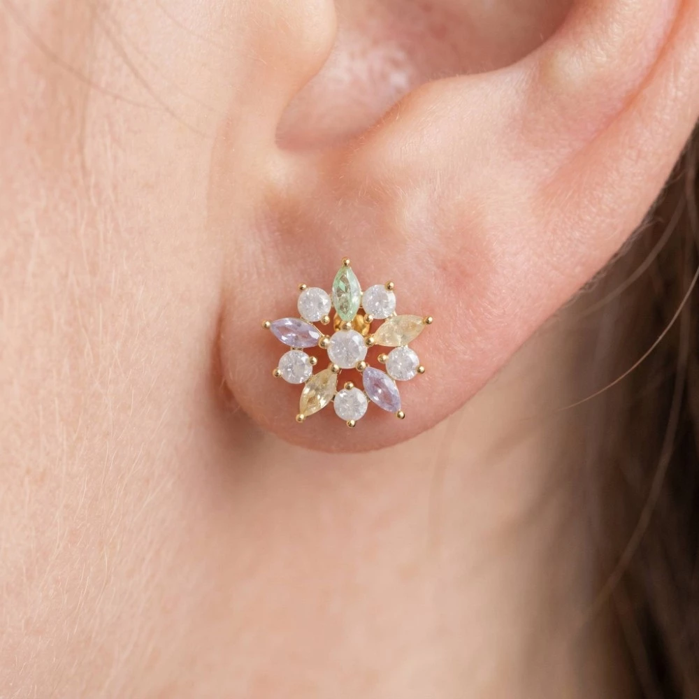 Gold Dipped Cz Flower Stud Earrings