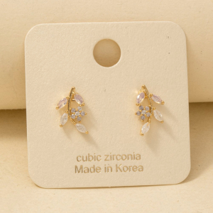 Gold Dipped Cz Leaf Drop Earrings