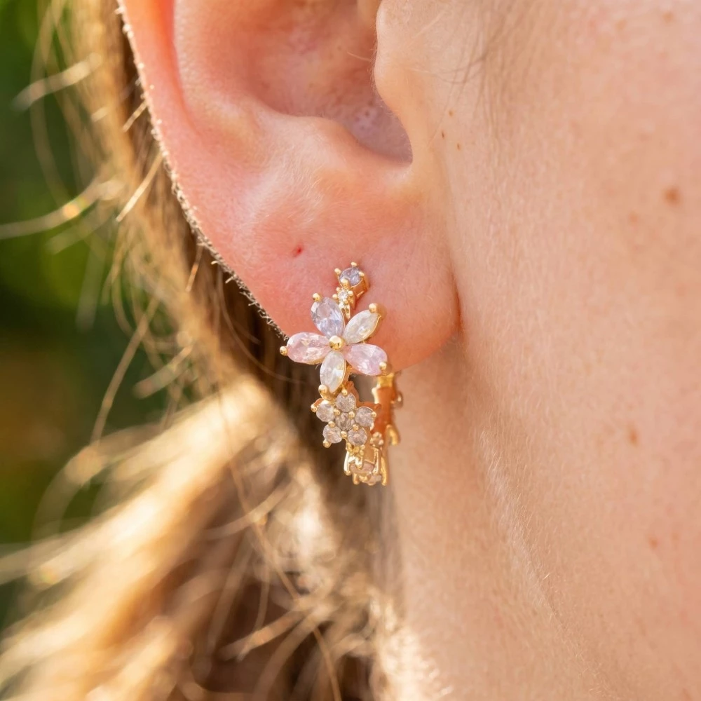 Gold Dipped Cz Multi Flower Dangle Earrings