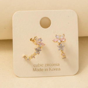 Gold Dipped Cz Multi Flower Dangle Earrings