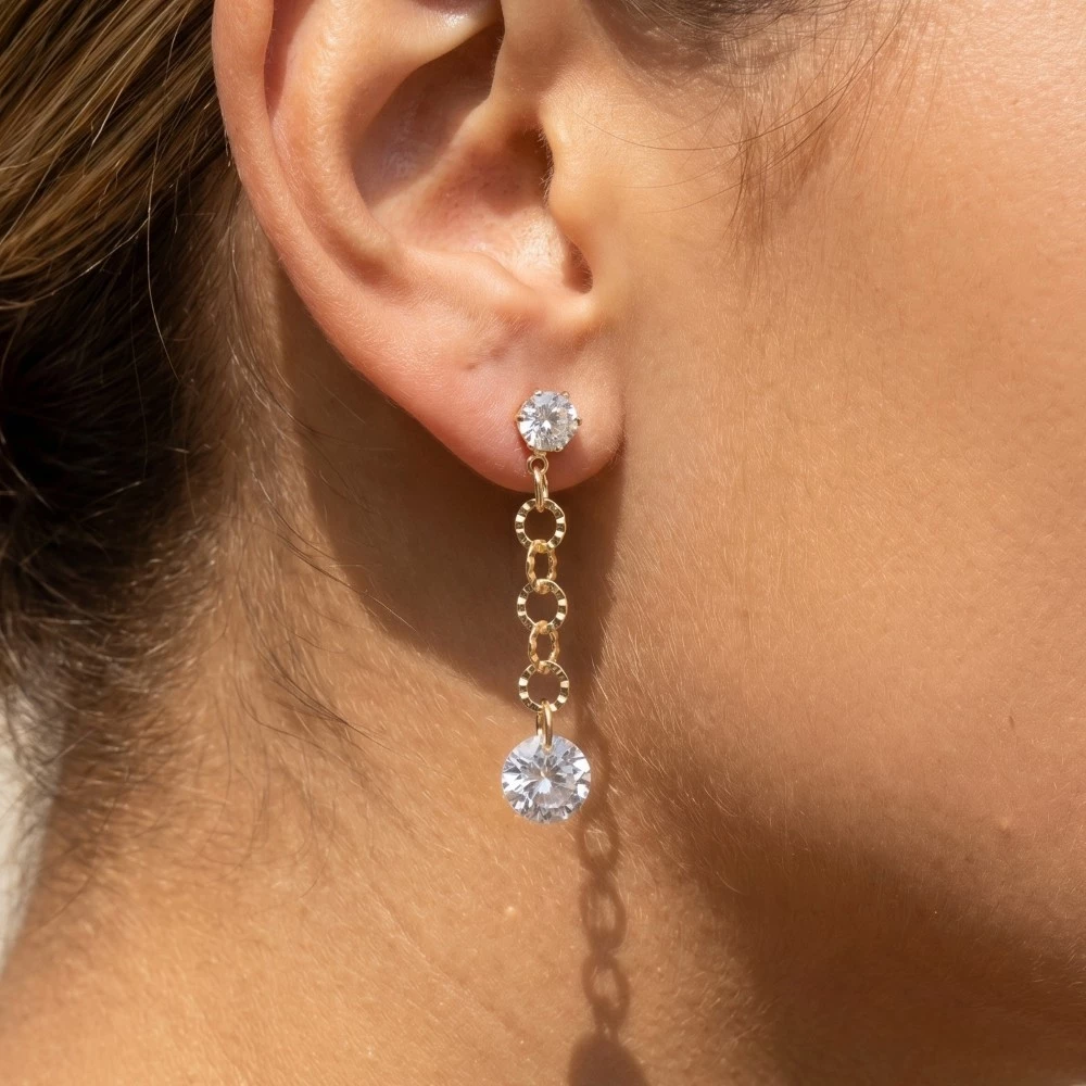 Double Round Cz Gem Chain Dangle Earrings