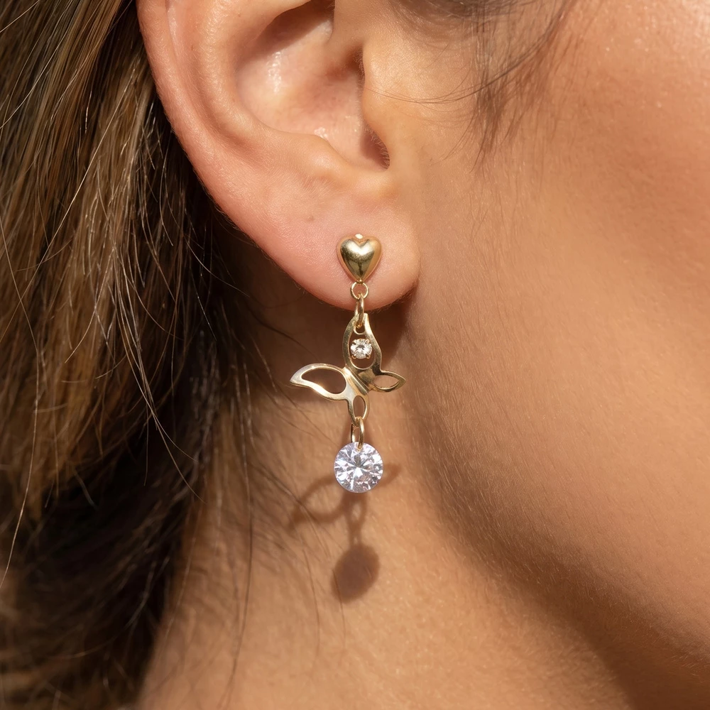 Heart And Butterfly Cz Drop Earrings