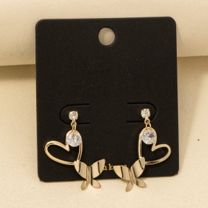 Cz Heart Cutout Butterfly Drop Earrings
