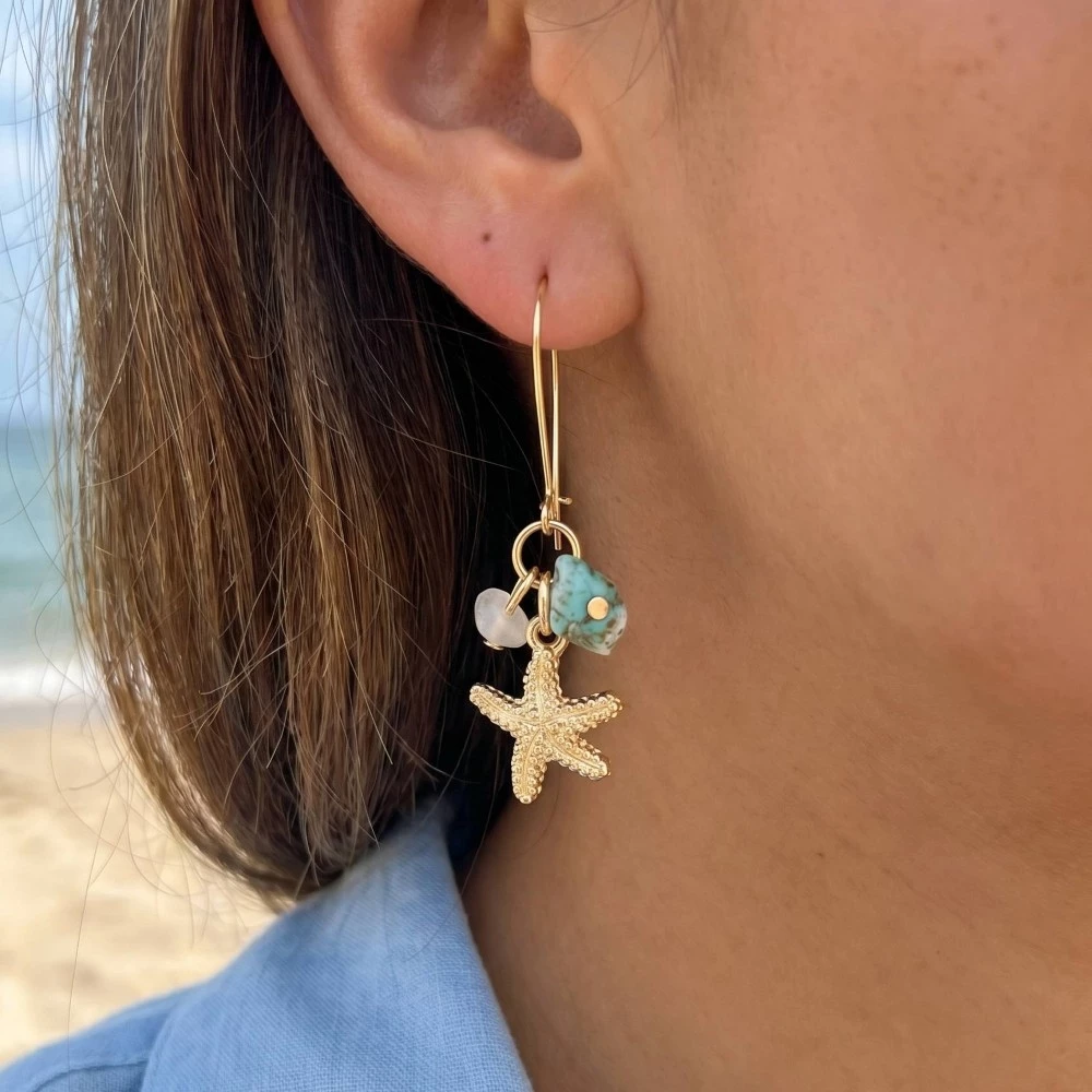 Sea Life Starfish Stone Drop Hoop Earrings