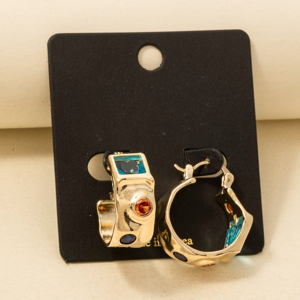 Metallic Wide Cz Latch Hoop Earrings