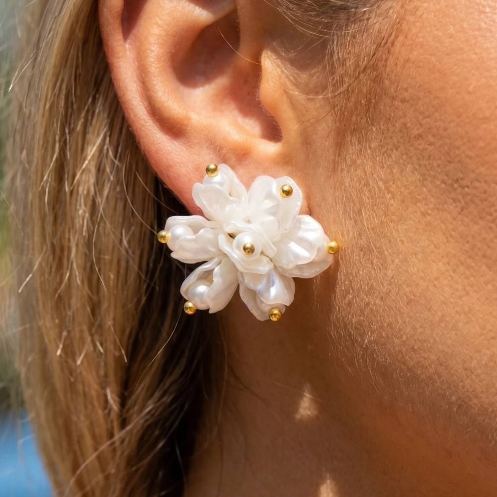 Warped Pearl Petals Flower Stud Earrings