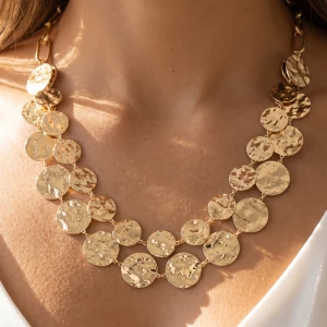 Hammered Disc Double Row Bib Statement Necklace