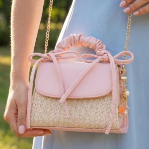 Ruched Bow Handle Straw Mini Bag With Shell Charm