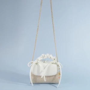 Ruched Bow Handle Straw Mini Bag With Shell Charm