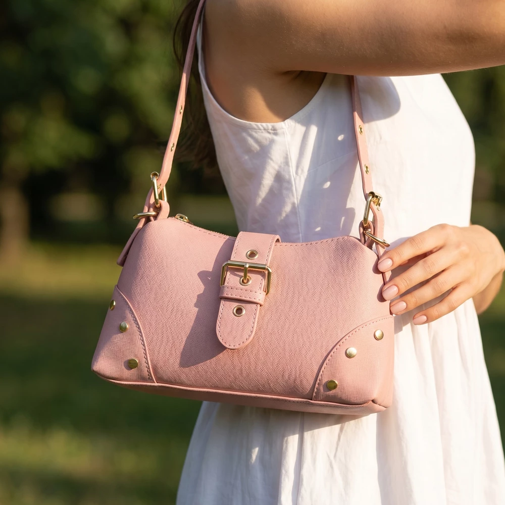 Studded Saffiano Buckle Strap Shoulder Bag