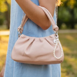 Pleated Vegan Leather Mini Bag With Pearl Charm