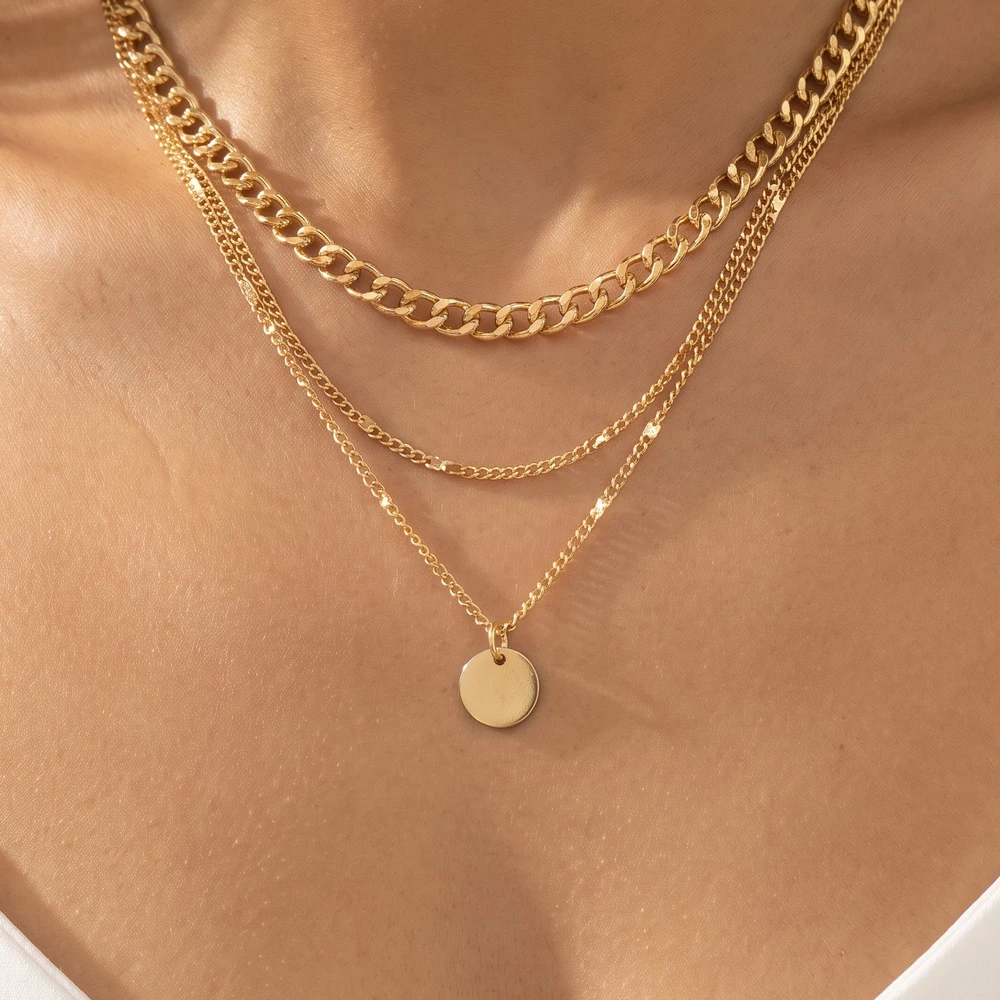 Triple Layer Mixed Chain Coin Necklace