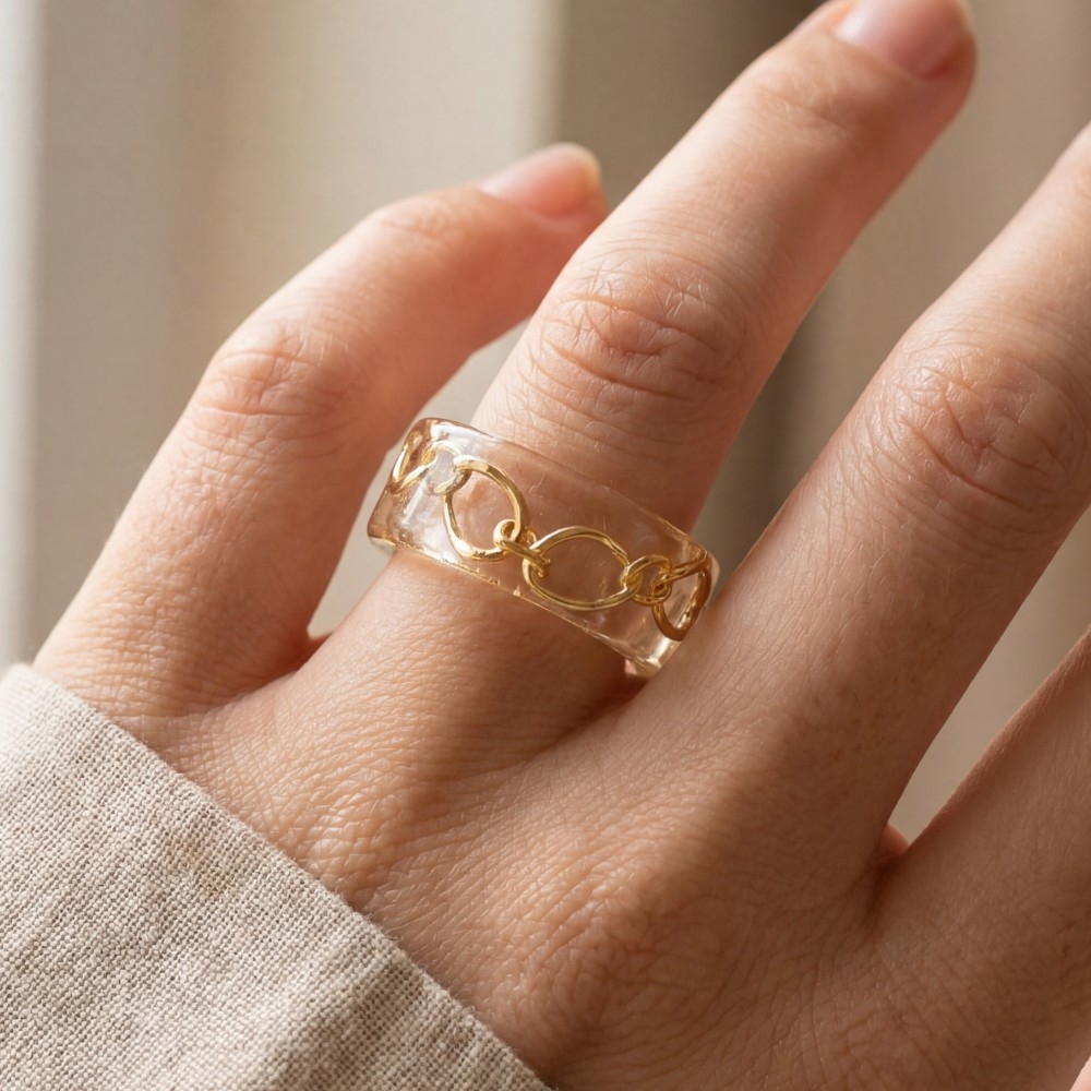 Gold Chain Inlay Clear Resin Ring