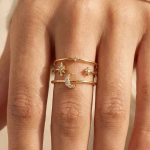 Three Line Star Moon Ring