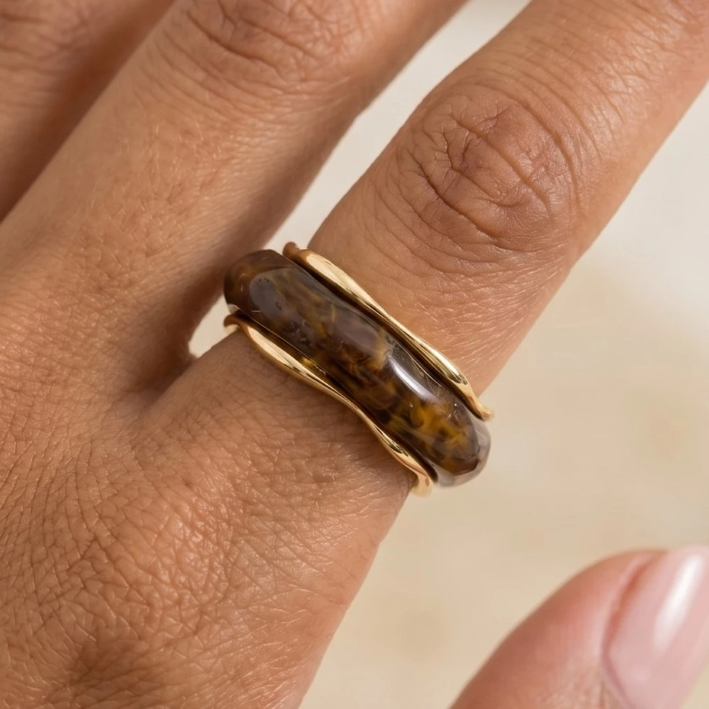 Metallic Lined Warped Shape Amber Acrylic Band Ring