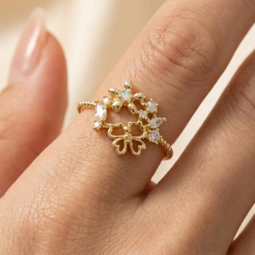 Gold Dipped Cz Butterfly Flower Ring