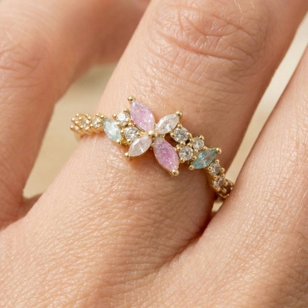 Gold Dipped Colorful Cz Flower Ring