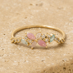 Gold Dipped Colorful Cz Flower Ring