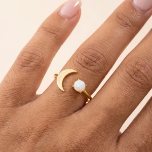 Brushed Crescent Moon Opal Open Ring