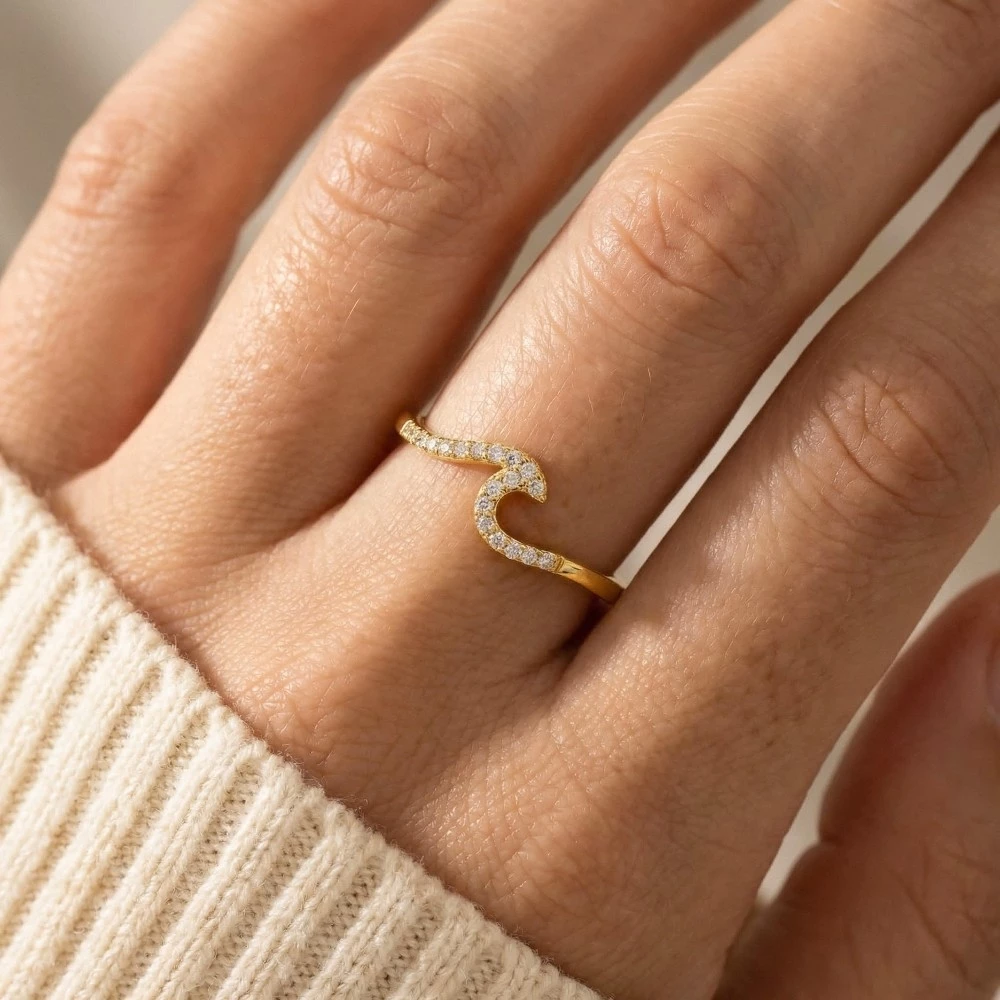 Gold Dipped Delicate Studded Wave Ring