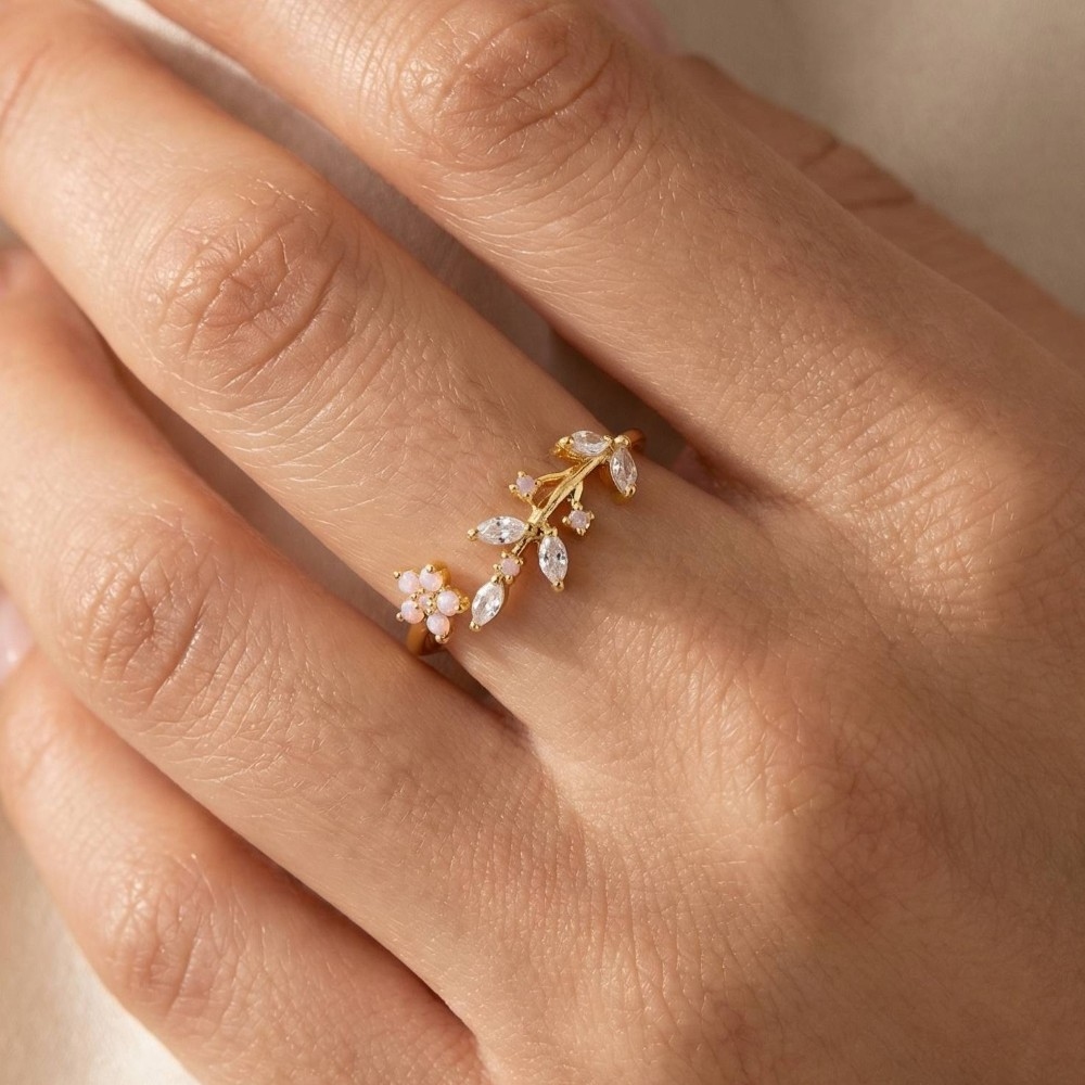 Gold Dipped Dainty Rhinestone Leaf Flower Open Ring