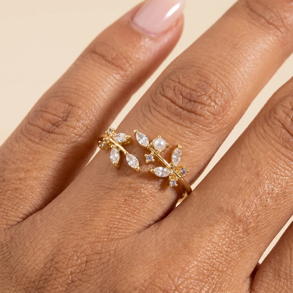Cz Marquise Leaf Vine Pearl Open Ring