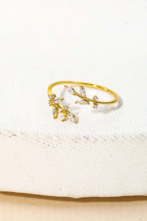 Gold Dipped Dainty Opal Rhinestone Leaf Open Ring