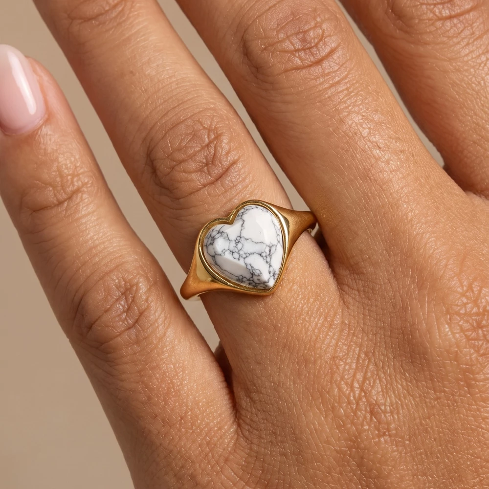 Marbled Heart Stone Adjustable Signet Ring