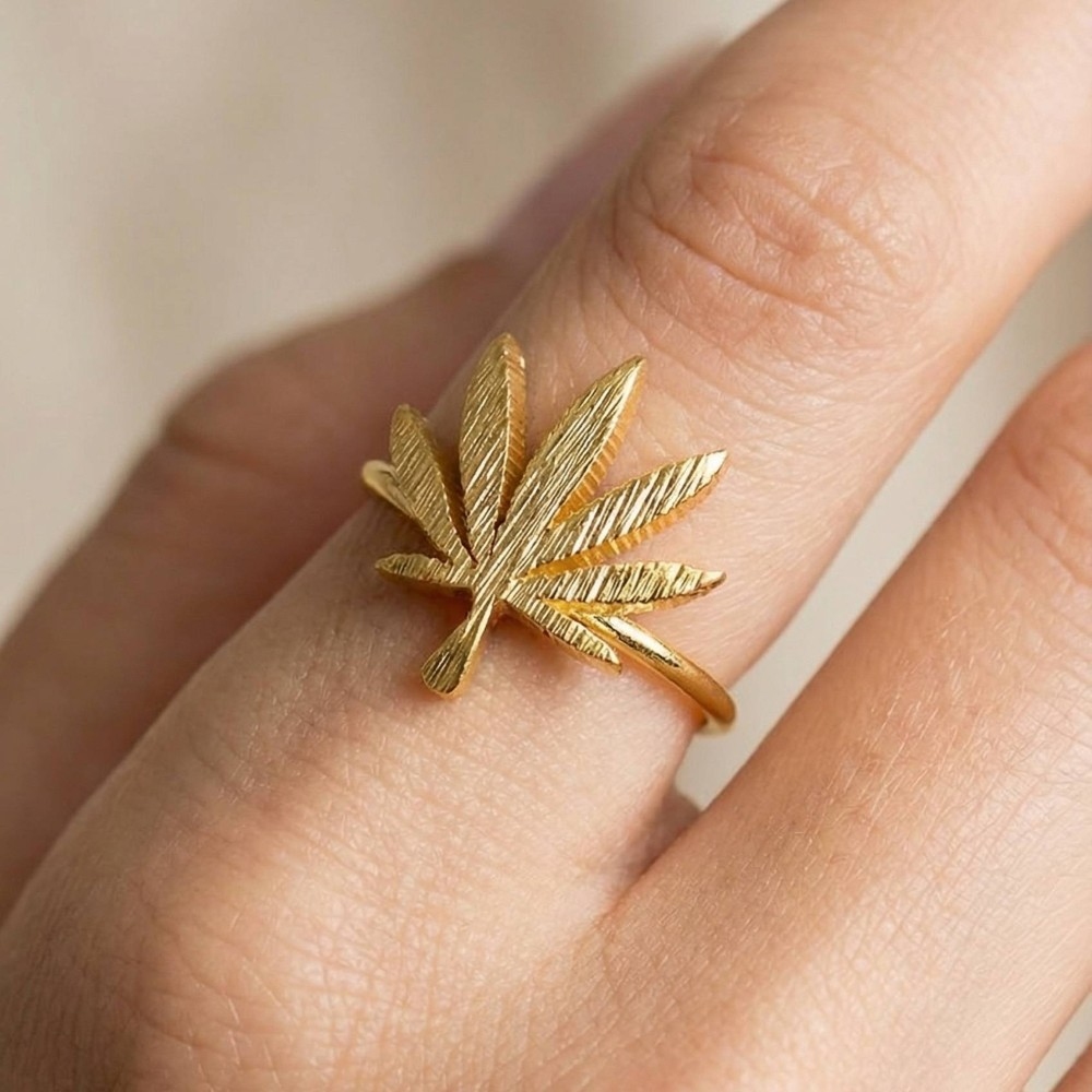 Gold Dipped Delicate Marijuana Leaf Adjustable Ring