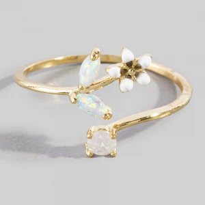 Enamel Flower Opal Branch Open Cuff Ring