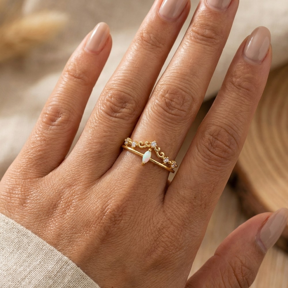 Double Band Opal Rhinestone Adjustable Ring