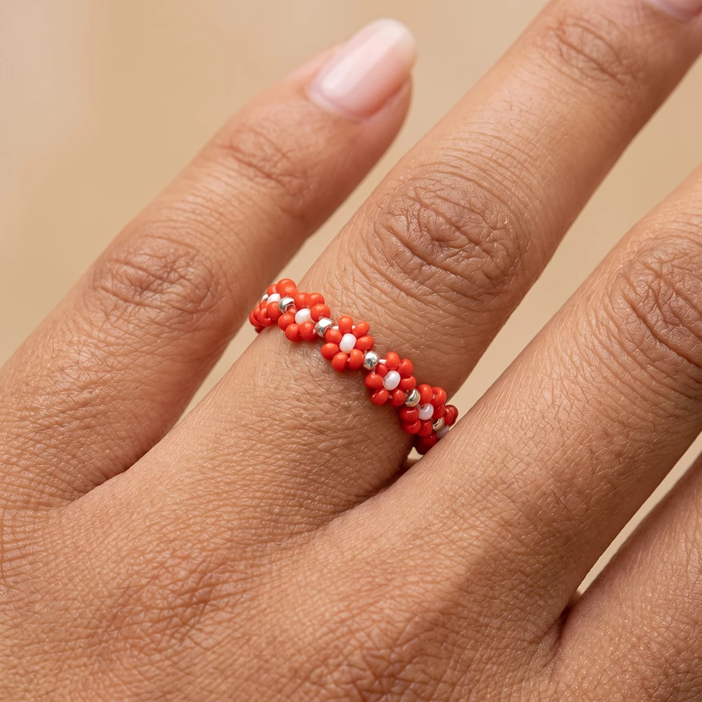 Seed Bead Daisy Flower Stretch Ring