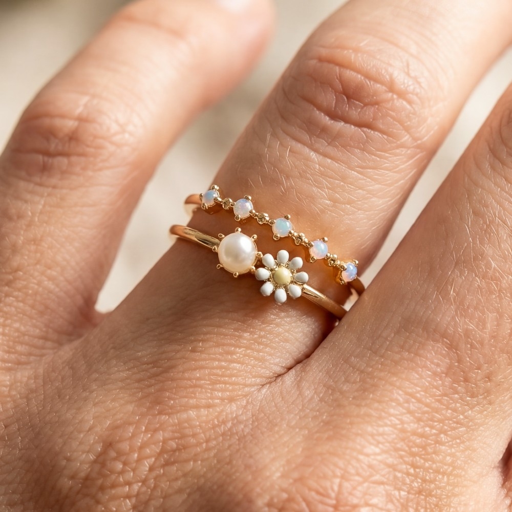 Double Band Opal Flower Ring