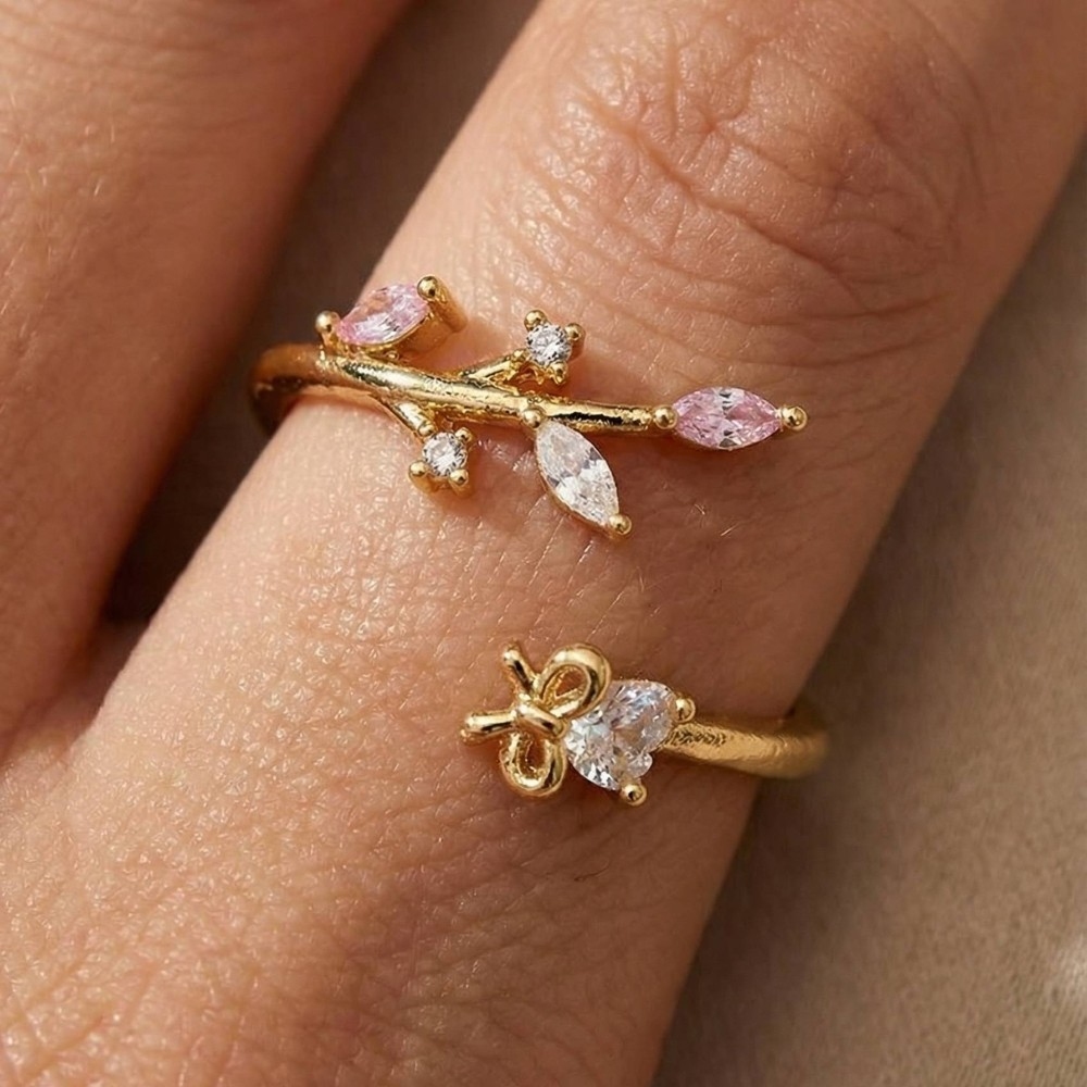 Cubic Zirconia Leaves Ribbon Bow Open Band Ring