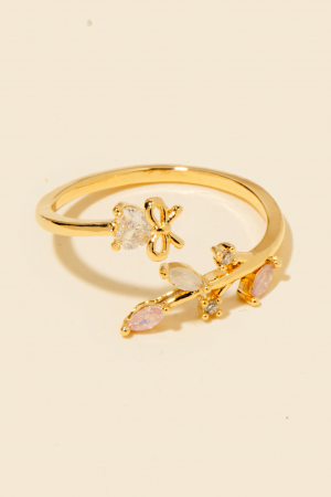 Cubic Zirconia Leaves Ribbon Bow Open Band Ring