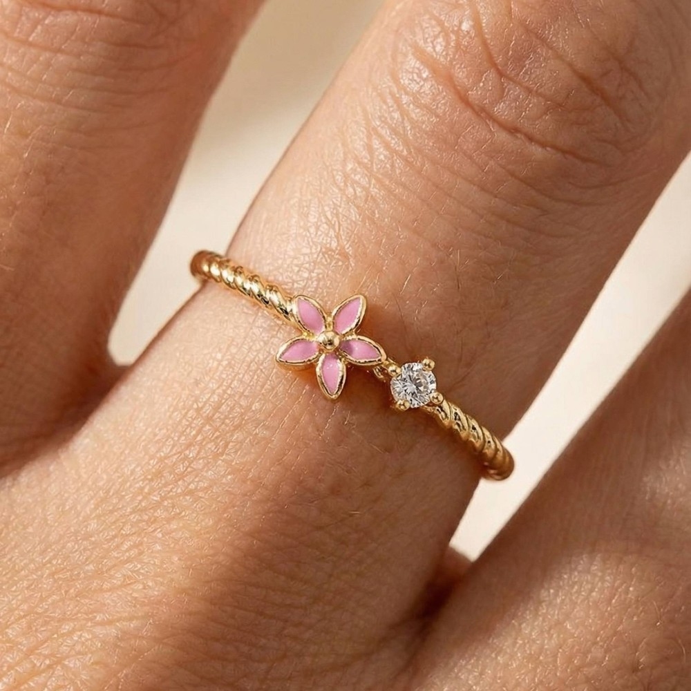 Mini Cz And Enamel Flower Rope Band Ring