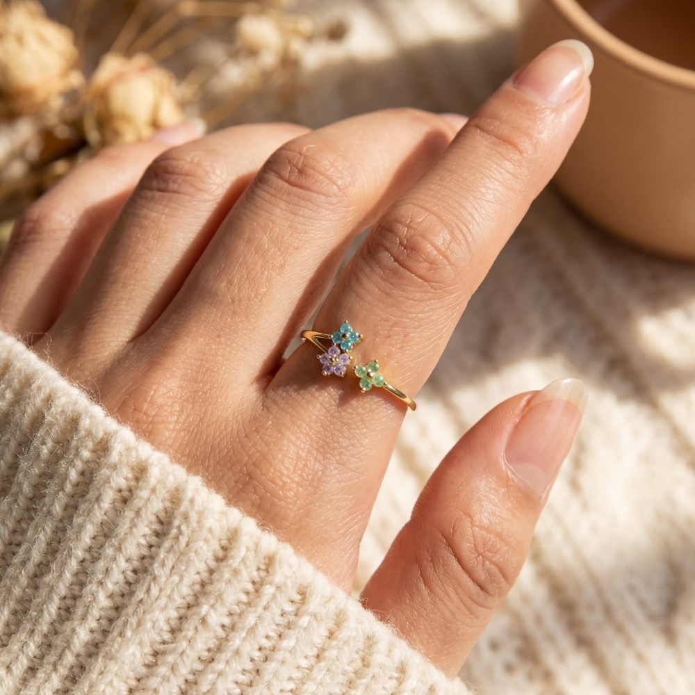 Triple Mini Cz Flowers Open Band Ring