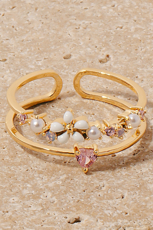 Enamel Flower And Cz Heart Layered Open Band Ring