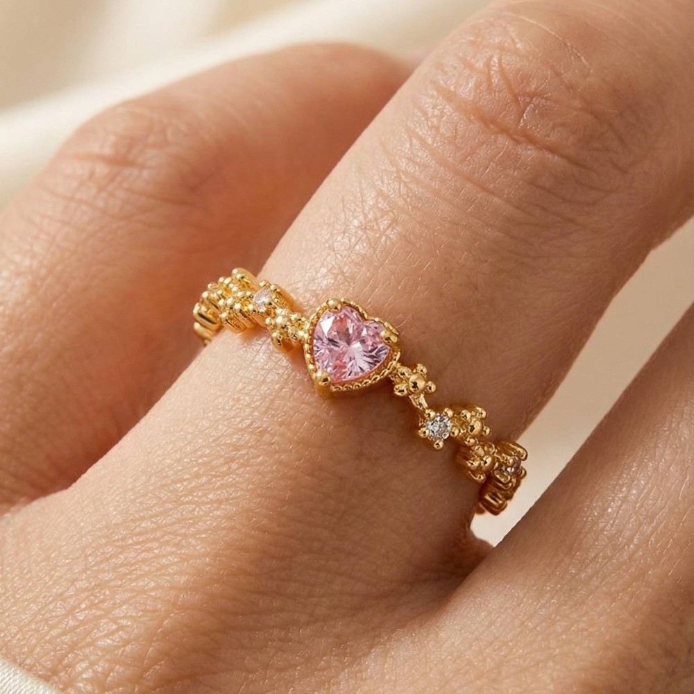 Cz Heart And Metallic Flowers Solid Link Open Band Ring