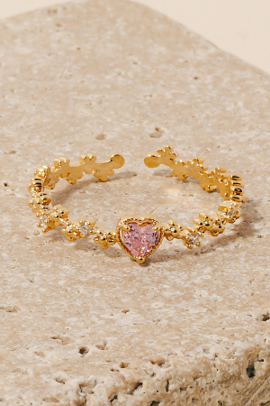 Cz Heart And Metallic Flowers Solid Link Open Band Ring