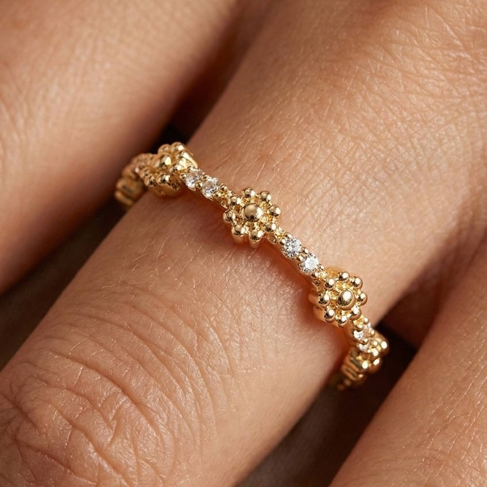 Metallic Flowers And Cz Studs Band Ring