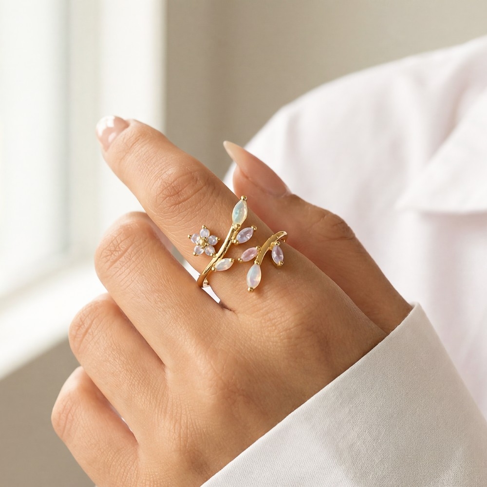 Layered Cz Leaf Branch Open Band Ring