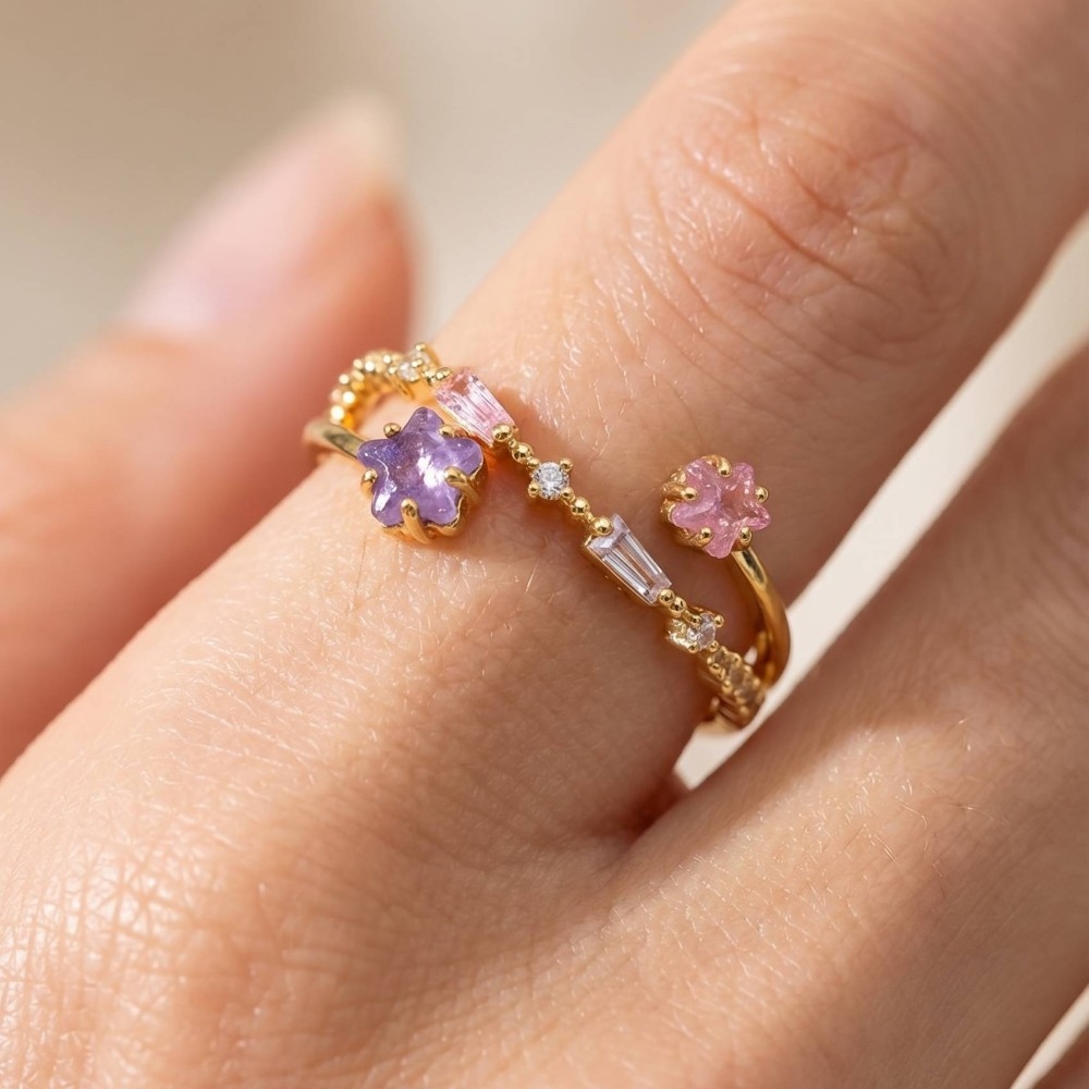 Cz Double Star Layered Open Band Ring