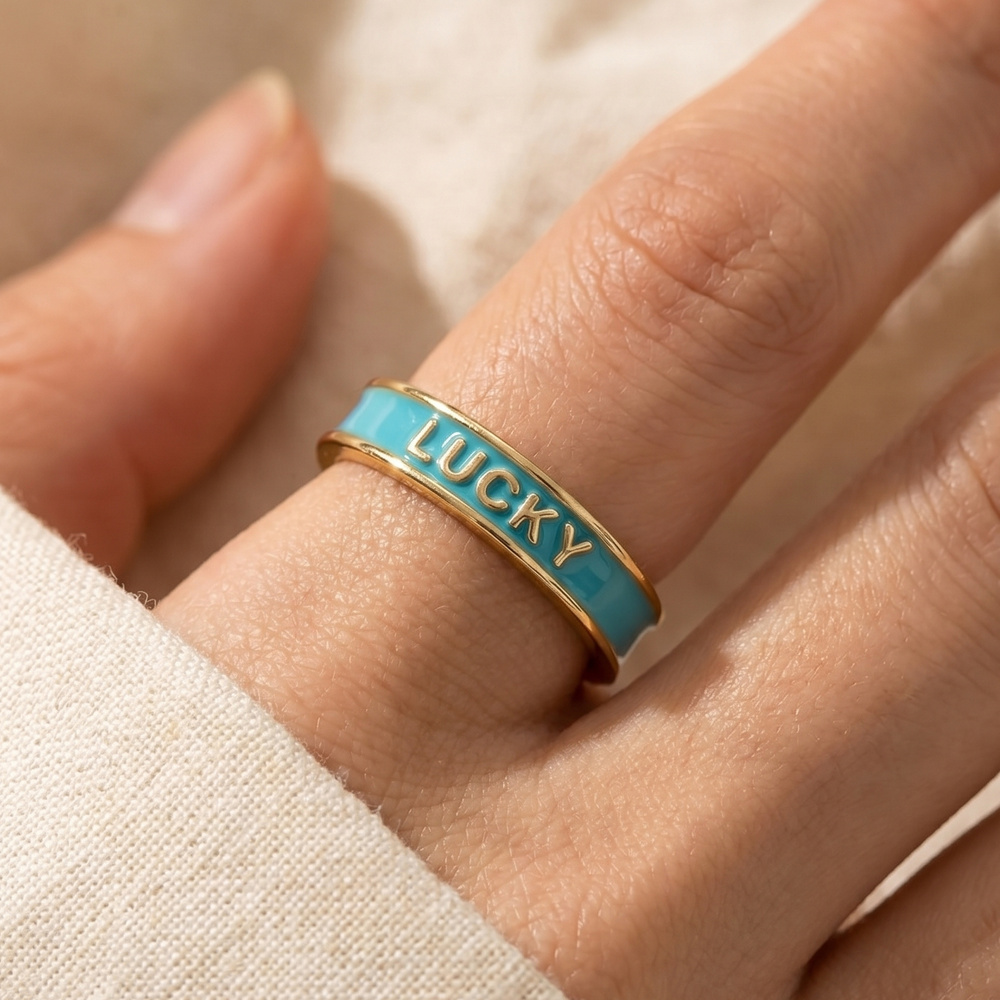 Lucky Letter Enamel Flat Band Ring