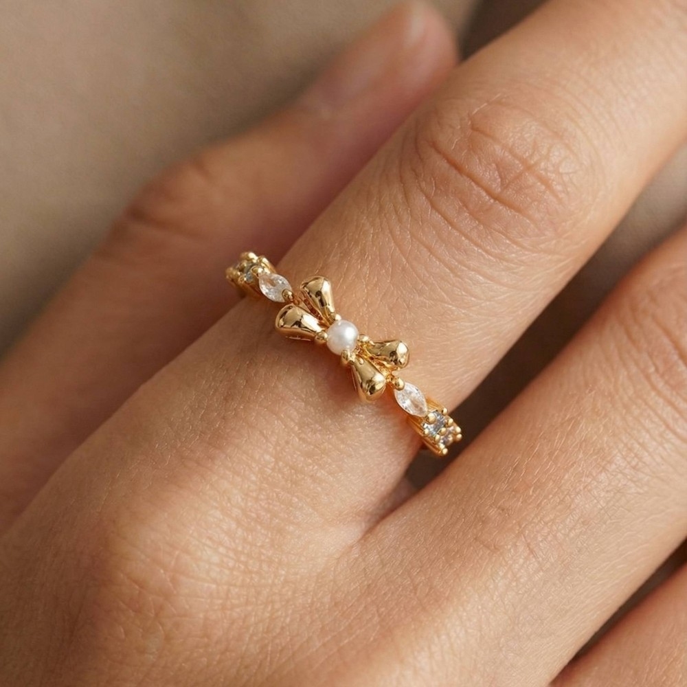 Pearl Stud Ribbon Bow Band Ring