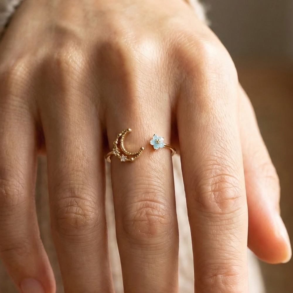 Gold Dipped Cz Moon And Star Open Band Ring