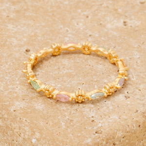 Gold Dipped Mixed Cz Flowers Band Ring