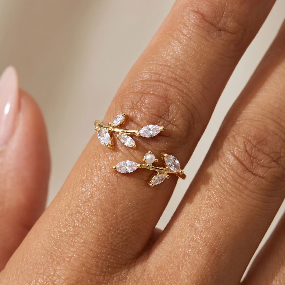 Gold Dipped Floral Spray Cz Open Ring