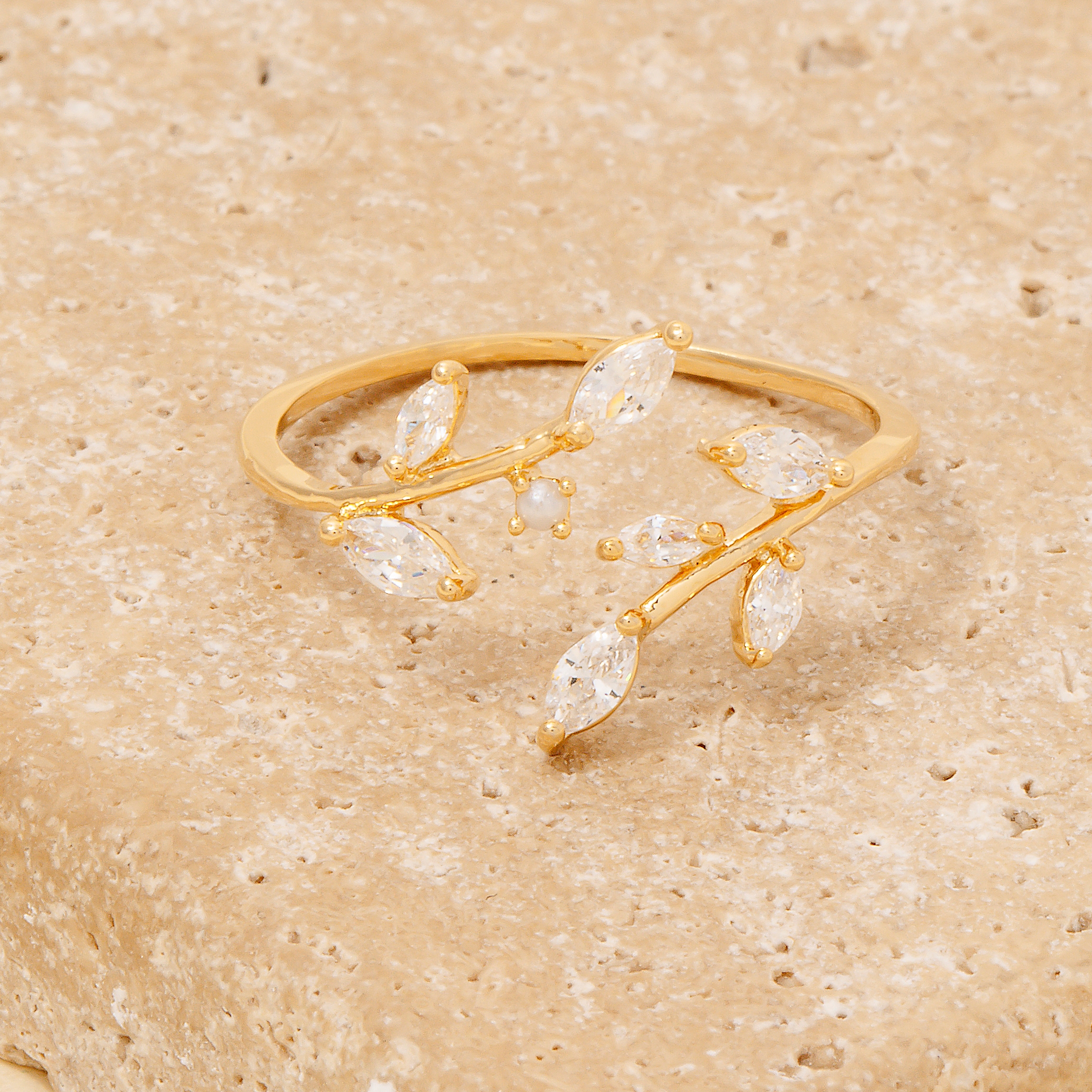 Gold Dipped Cz Fern Wrap Open Band Ring