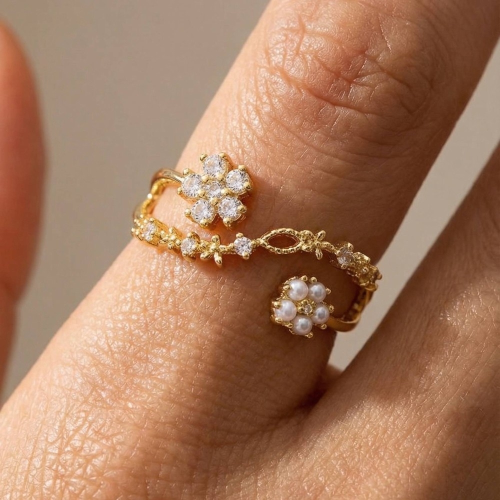 Layered Double Cz Flower Open Band Ring